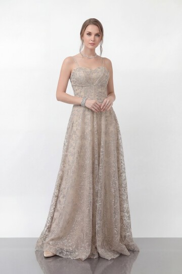 Simli Dantelli İp Askılı Uzun Abiye - 1960