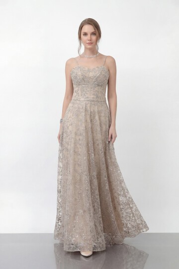 Simli Dantelli İp Askılı Uzun Abiye - 1960