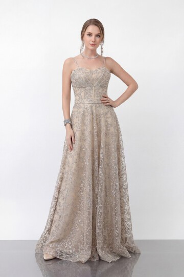 Simli Dantelli İp Askılı Uzun Abiye - 1960