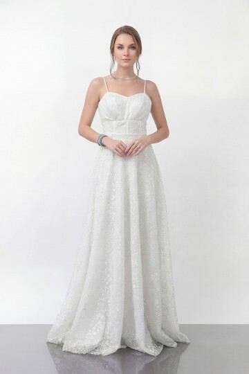 Simli Dantelli İp Askılı Uzun Abiye - 1960