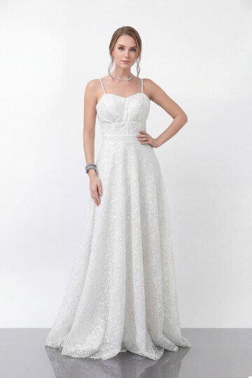 Simli Dantelli İp Askılı Uzun Abiye - 1960