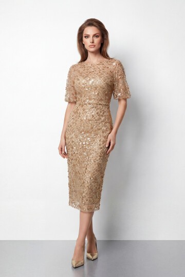 Tamamı İşlemeli Işıltılı Yarım Kol Midi Elbise - 2029