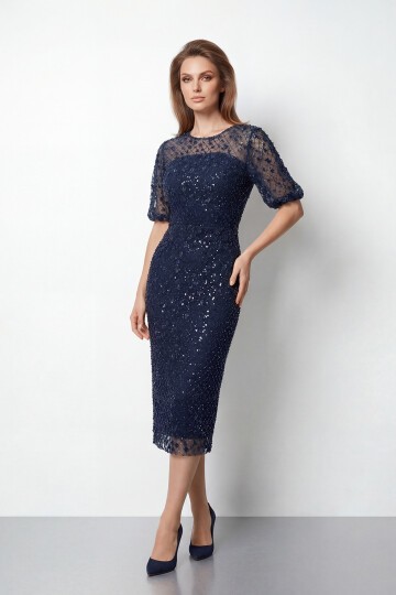 Tamamı İşlemeli Işıltılı Yarım Kol Midi Elbise - 2029