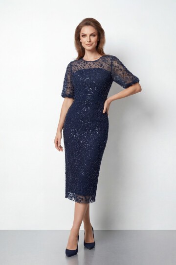 Tamamı İşlemeli Işıltılı Yarım Kol Midi Elbise - 2029
