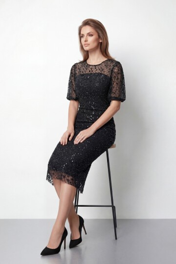 Tamamı İşlemeli Işıltılı Yarım Kol Midi Elbise - 2029