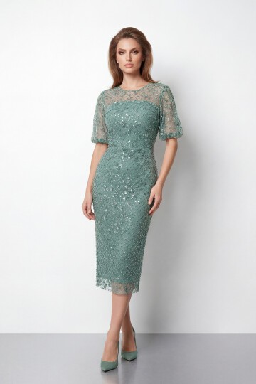Tamamı İşlemeli Işıltılı Yarım Kol Midi Elbise - 2029