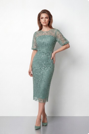Tamamı İşlemeli Işıltılı Yarım Kol Midi Elbise - 2029