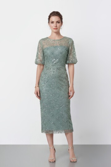 Tamamı İşlemeli Işıltılı Yarım Kol Midi Elbise - 2029