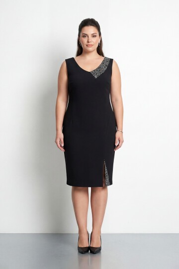 Taş Detaylı Asimetrik Büyük Beden Kalem Elbise - 2059