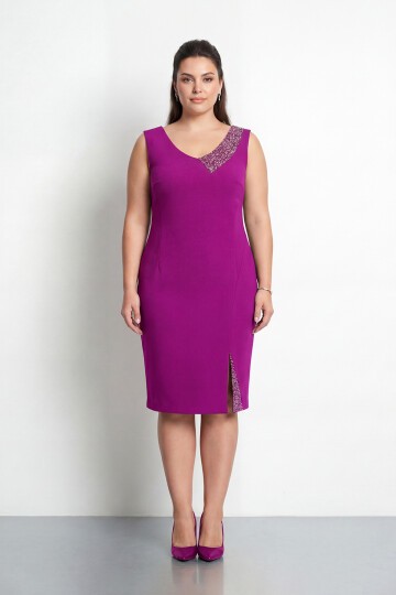 Taş Detaylı Asimetrik Büyük Beden Kalem Elbise - 2059