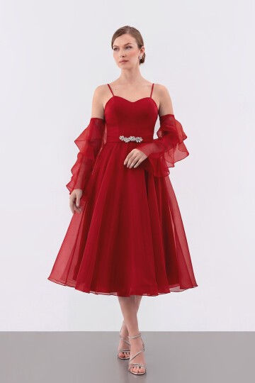 Volan Kollu İp Askılı Midi Elbise - 1993