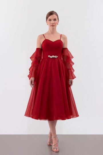 Volan Kollu İp Askılı Midi Elbise - 1993