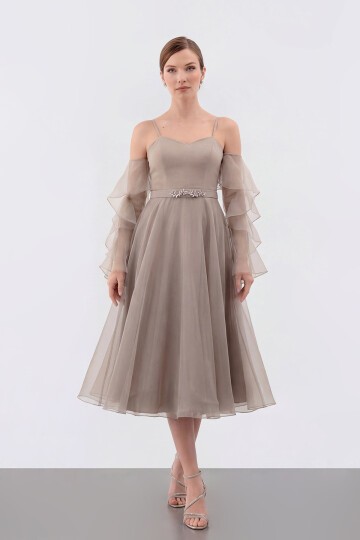 Volan Kollu İp Askılı Midi Elbise - 1993