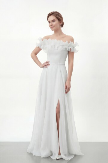 Volan Yakalı Yırtmaçlı Şifon Elbise - 2036