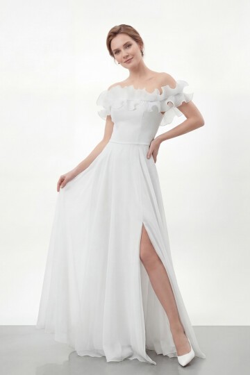 Volan Yakalı Yırtmaçlı Şifon Elbise - 2036