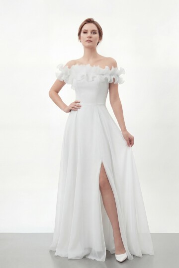 Volan Yakalı Yırtmaçlı Şifon Elbise - 2036