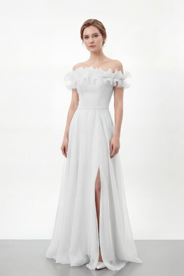 Volan Yakalı Yırtmaçlı Şifon Elbise - 2036