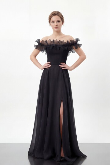 Volan Yakalı Yırtmaçlı Şifon Elbise - 2036