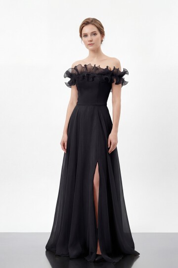 Volan Yakalı Yırtmaçlı Şifon Elbise - 2036