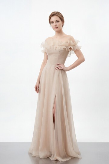 Volan Yakalı Yırtmaçlı Şifon Elbise - 2036