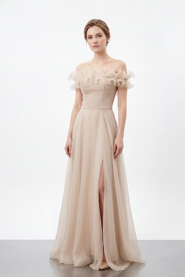 Volan Yakalı Yırtmaçlı Şifon Elbise - 2036